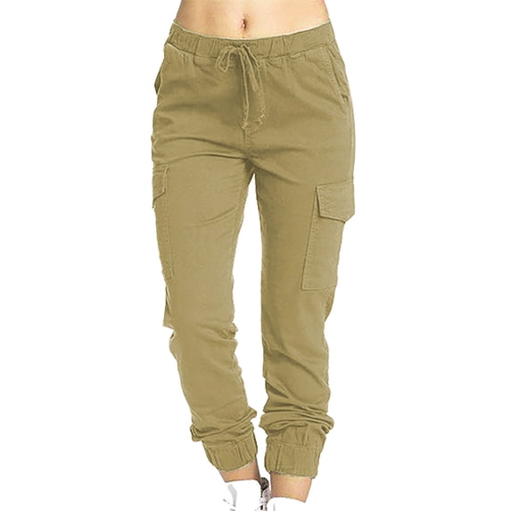 Dezsed Womens Casual Cargo Pants Comfy Cropped Work Pants with Pockets Elastic High Waist Taper Drawstring Pants Khaki XXL Clearance Sale