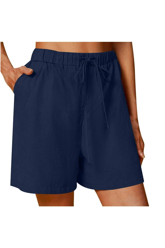 Womens Casual Drawstring Shorts Summer Elastic Waist Shorts Pocketed Linen Shorts Lightweight Beach Short Pants Dark Blue XL