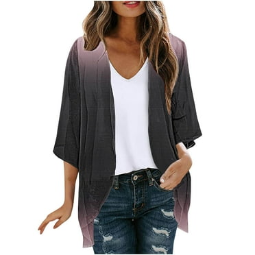 Dezsed Womens Casual Lightweight with Pocketes Summer Loose 4/3 Sleeve Open Front Cardigan Thin Sweaters Jacket Gray M on Clearance