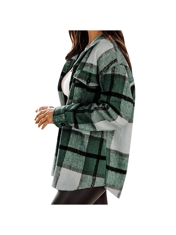 Womens Casual Plaid Shacket Long Sleeve Shirt Women's Flannel Jacket Casual Plaid Buckle Long Sleeved Woolen Shirt Women's Jacket Green S