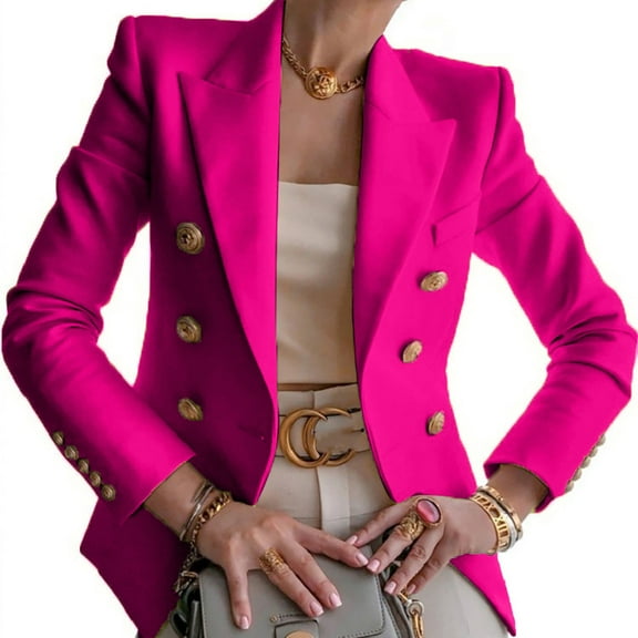 Dezsed Womens Casual Pocketed Office Blazers Women Buttons Long Sleeve Solid Office Coat Cardigans Suit Jacket Long Outwear Hot Pink XL