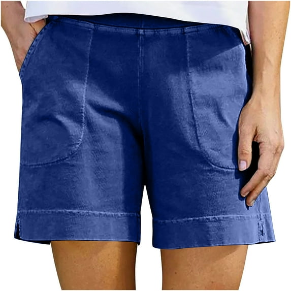 Dezsed Womens Casual Shorts Summer Elastic High Waist Comfy Shorts with Pockets Cotton Linen Shorts for Women Trendy Blue XXL