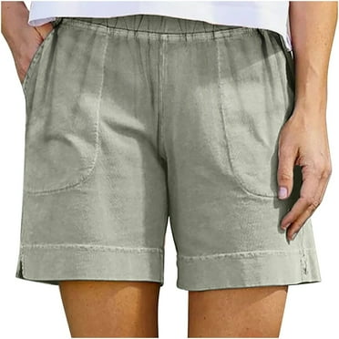 Dezsed Womens Casual Shorts Summer Elastic High Waist Comfy Shorts with Pockets Cotton Linen Shorts for Women Trendy Green XXL on Clearance