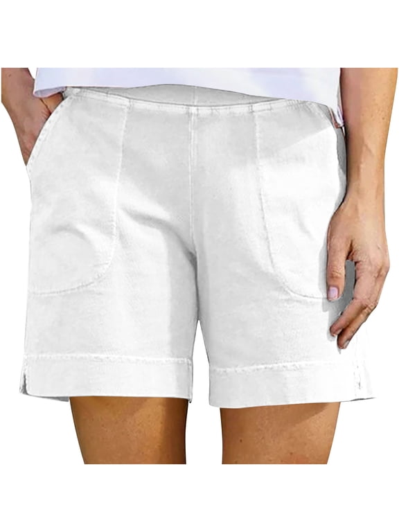 Womens Casual Summer Shorts Elastic High Waist Comfy Shorts with Pockets Cotton Linen Shorts for Women Trendy White 2XL