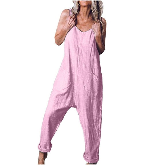 Dezsed Womens Casual V Neck Sleeveless Jumpsuits Spaghetti Strap Loose Romper Long Pants with Pockets Pink XL