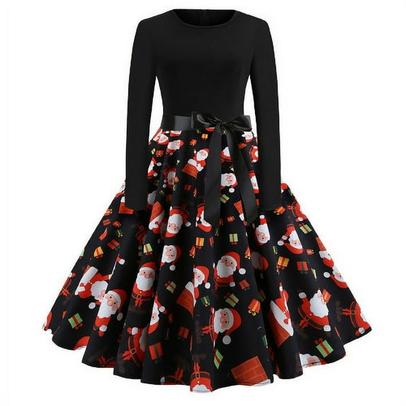 Dezsed Womens Christmas Dresses Women's Vintage Print Long Sleeve Round Neck Christmas Evening Party Flowy Dress Black M