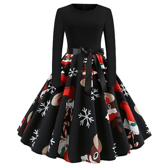 Dezsed Womens Christmas Dresses Women's Vintage Print Long Sleeve Round Neck Christmas Evening Party Flowy Dress Multicolor XL
