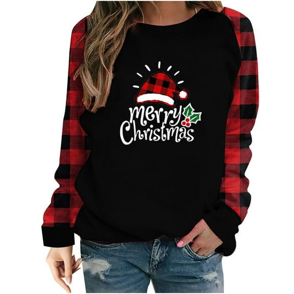 Dezsed Womens Christmas Shirts Christmas Shirts for Women Plaid Raglan Long Sleve Tees Letter Print Baseball T Shirt Xmas Tee Tops Red XXL