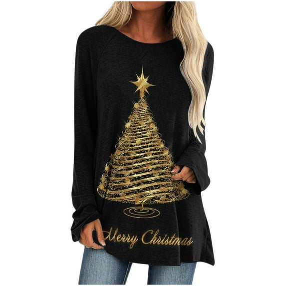 Dezsed Womens Christmas Shirts Women's Christmas Shirt Tops Long Sleeves Floral Casual Shirts Pullover Loose Tunic Tops Xmas Tree Print Round Neck Blouse Dark Gray L