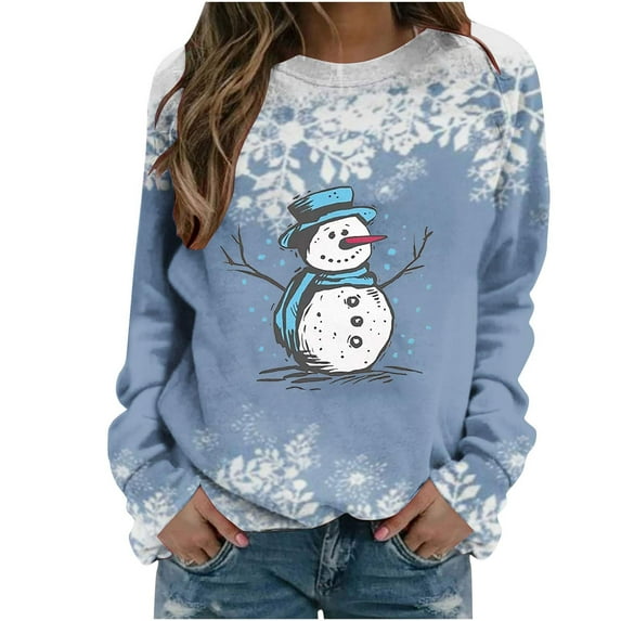 Dezsed Womens Christmas Shirts Women's Shirt Tops Casual Christmas Snowman Printed Round Neck Long Sleeve Pullover Blouse Sweatshirt Tops Blue L