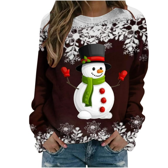Dezsed Womens Christmas Shirts Clearance Women's Shirt Tops Casual Christmas Snowman Printed Round Neck Long Sleeve Pullover Blouse Sweatshirt Tops Coffee S