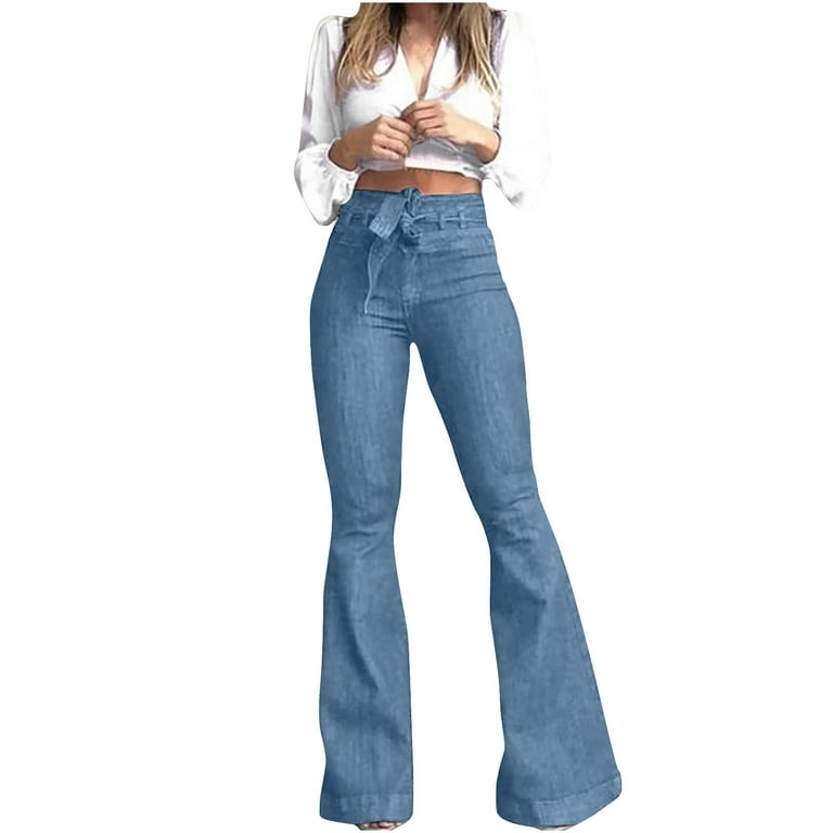 Dezsed Womens Classic Stretchy Flare Bell Bottom Denim Jeans Pants Ladys  High Waisted Lacing Stretch Wide Leg Jeans Bell-Bottomed Pants