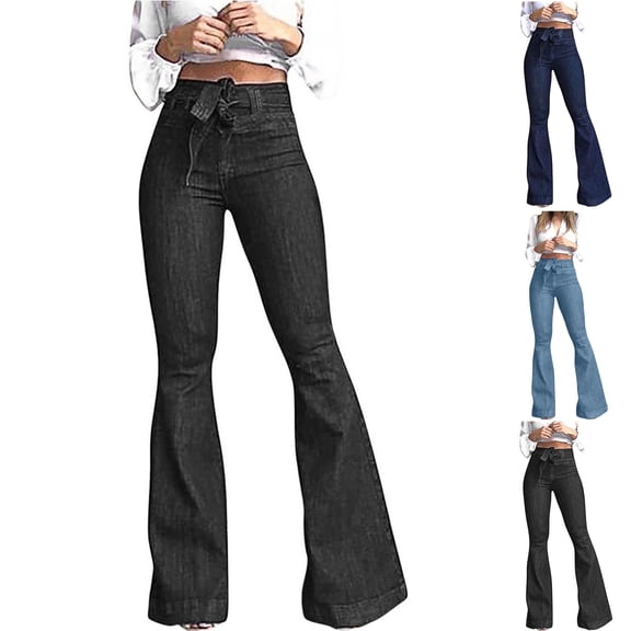 Dezsed Womens Classic Stretchy Flare Bell Bottom Denim Jeans Pants Ladys High Waisted Lacing Stretch Wide Leg Jeans Bell-Bottomed Pants Black XL