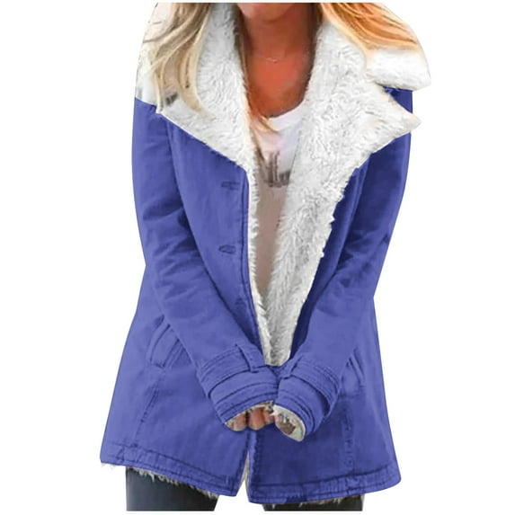 Dezsed Womens Coats Lapel Fleece Lined Jacket Winter Warm Button Coat Long Sleeve Outerwear with Pocket Blue S