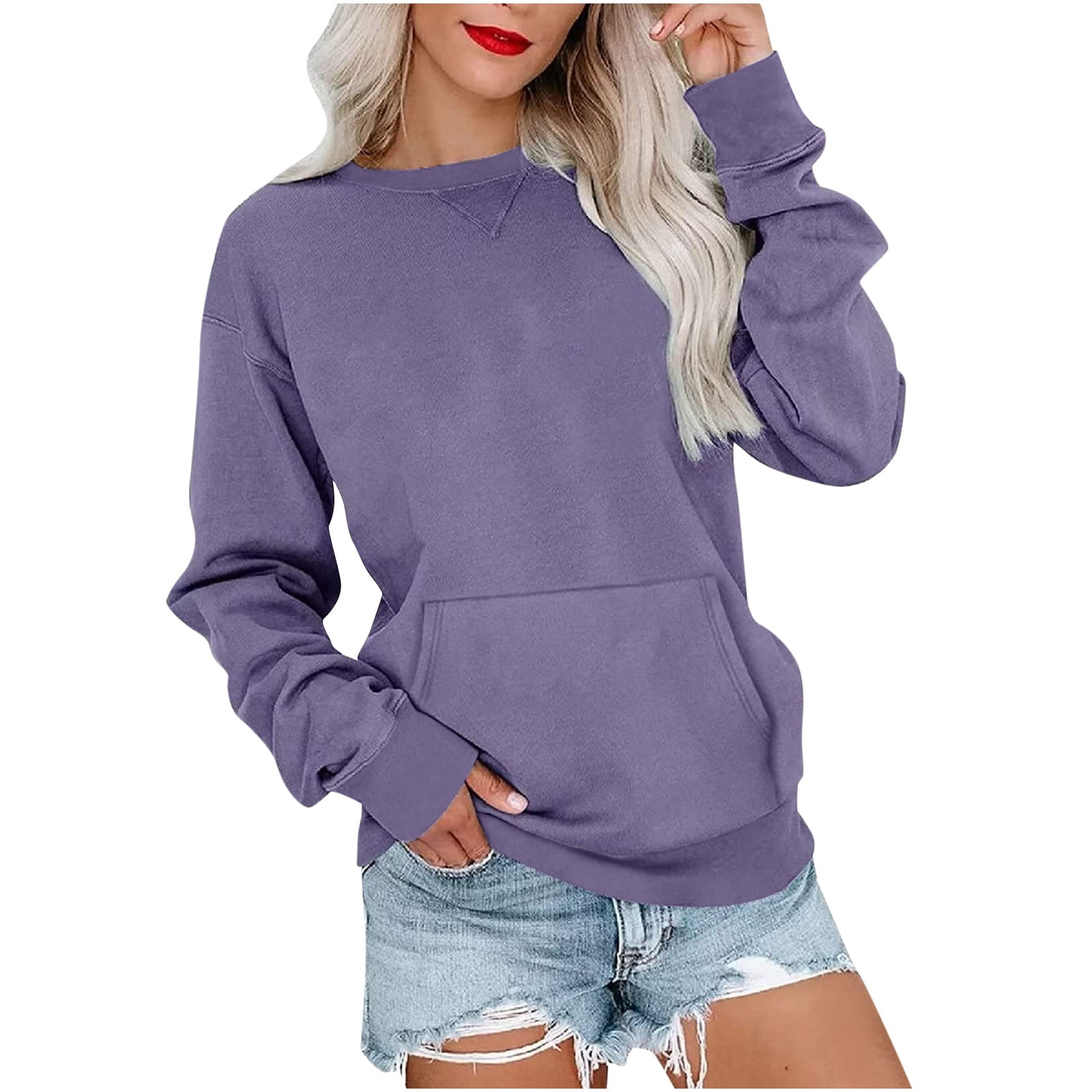 Womens Crew Neck Solid Sweatshirts Tops Solid Casual Loose Long Sleeve Pocket Pullover Top Sweater Purple L on Clearance