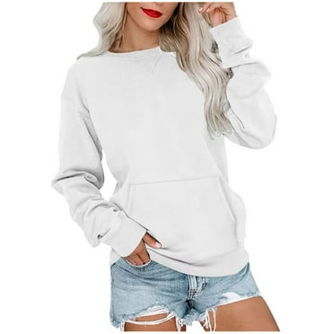 Dezsed Womens Crew Neck Solid Sweatshirts Tops Solid Casual Loose Long Sleeve Pocket Pullover Top Sweater White M on Clearance