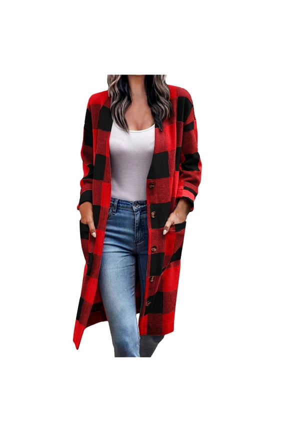 Womens Fall Long Flannel Plaid Shacket Jacket Trench Coat Women Fashion Button Plush Tops Plaid Print Loose Cardigan with Pocket Coat Jacket Red XL