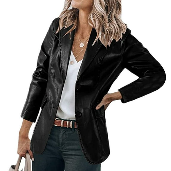 Dezsed Womens Faux Leather Blazer Jacket Clearance Women's Fashion Casual Lapel Collar Button Pocket Temperament Motorcycle Jacket Leather Jacket Coat Black S