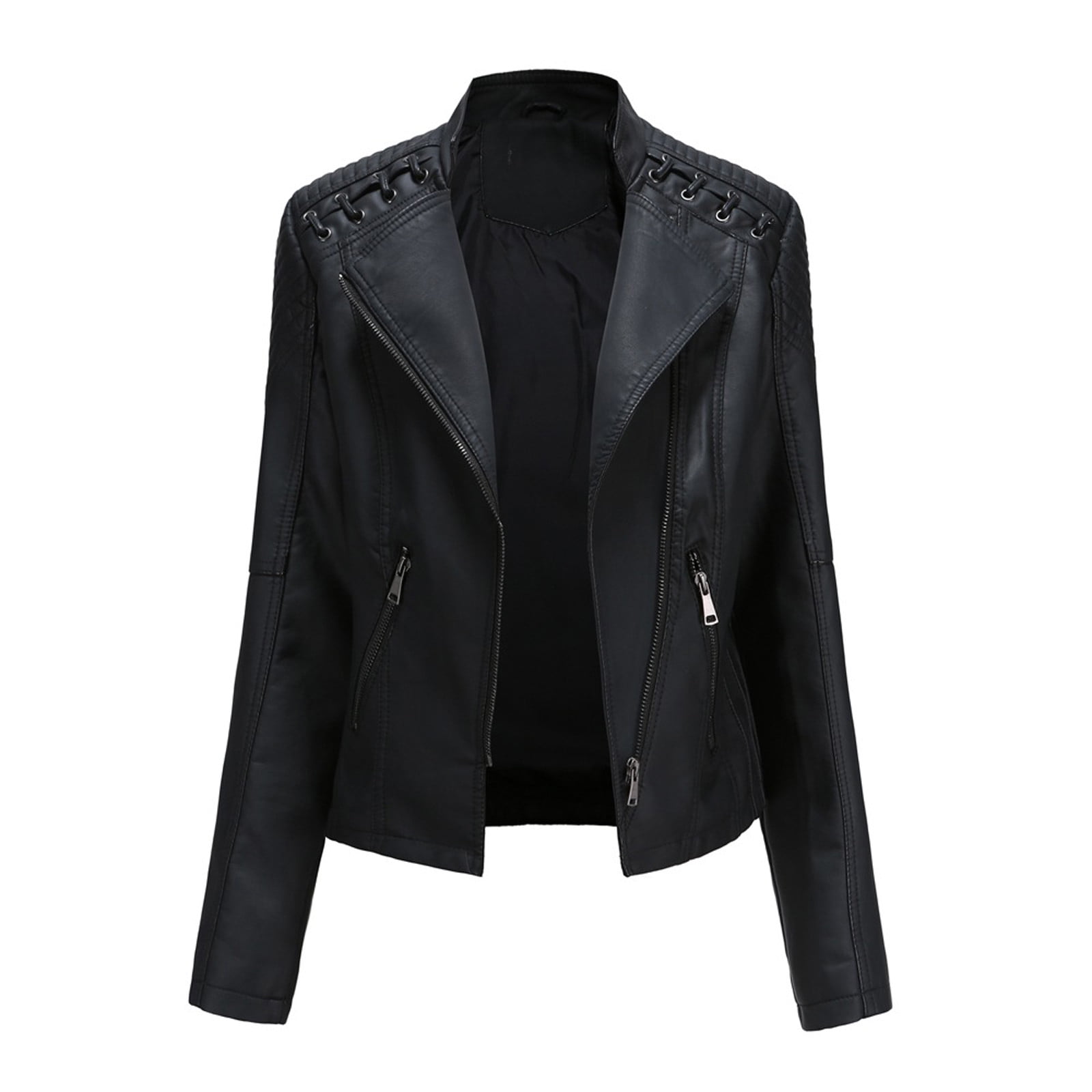 Dezsed Womens Faux Leather Moto Biker Jacket Women Ladies Lapel Motor Jacket Coat Zip Biker Short Punk Cropped Tops Black M
