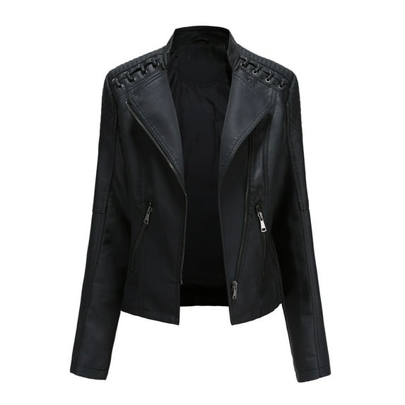 Dezsed Womens Faux Leather Moto Biker Jacket Women Ladies Lapel Motor Jacket Coat Zip Biker Short Punk Cropped Tops Black M