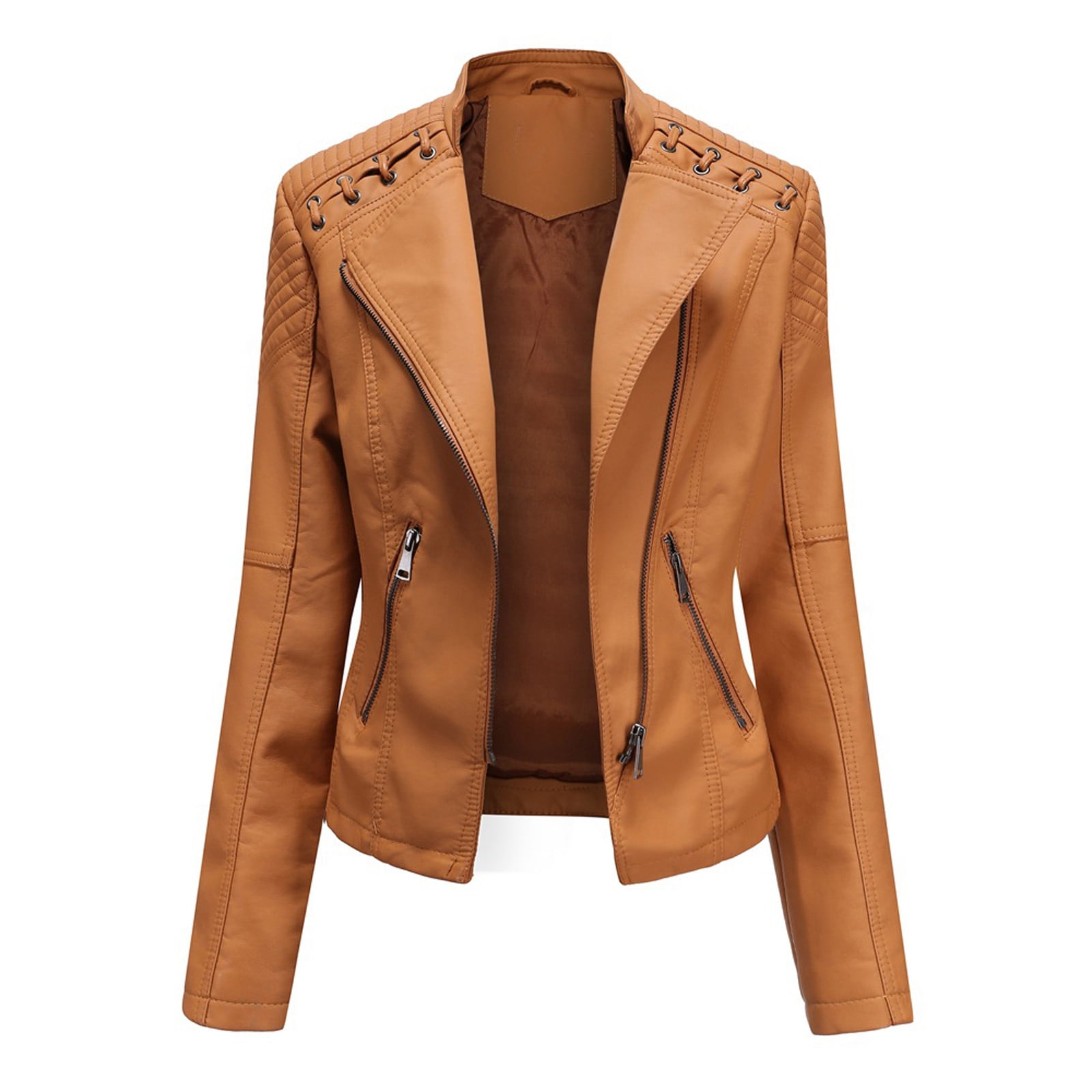 Dezsed Womens Faux Leather Moto Biker Jacket Women Ladies Lapel Motor Jacket Coat Zip Biker Short Punk Cropped Tops Brown L