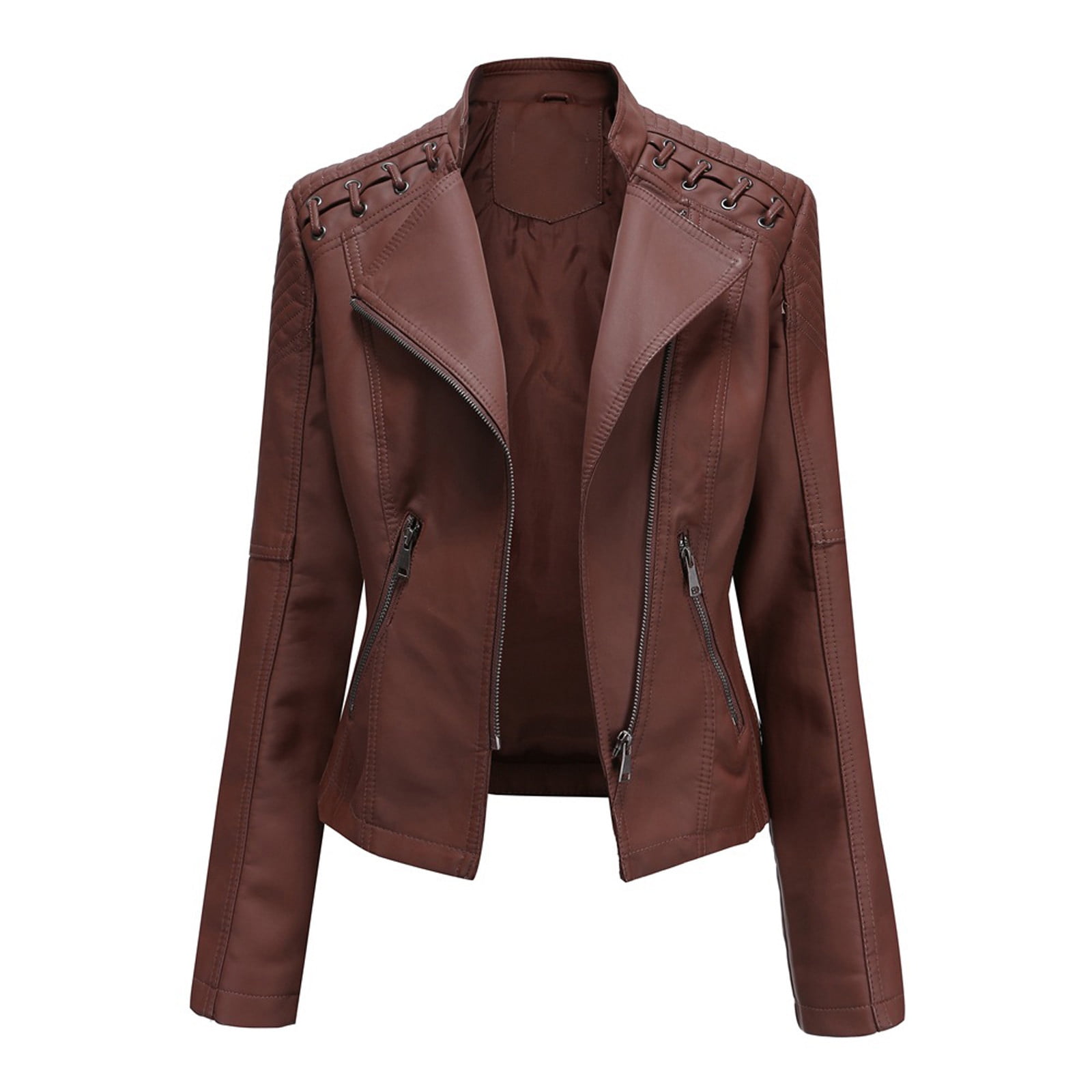 Dezsed Womens Faux Leather Moto Biker Jacket Women Ladies Lapel Motor Jacket Coat Zip Biker Short Punk Cropped Tops Coffee S