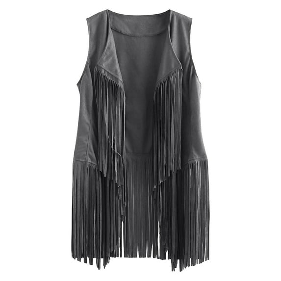 Dezsed Womens Fringe Vest Jacket 70s Hippie Faux Suede Rivets Sleeveless Fringe Jacket Tassels Fringed Vest Cardigan Dark Gray XXXL