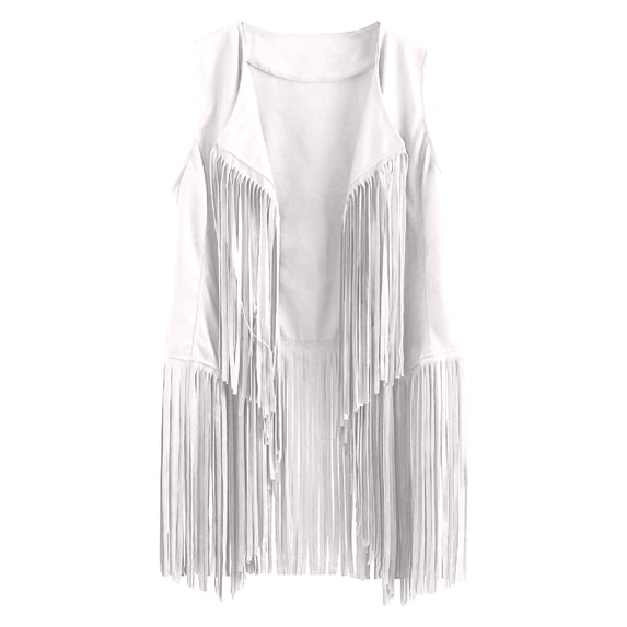 Dezsed Womens Fringe Vest Jacket 70s Hippie Faux Suede Rivets Sleeveless Fringe Jacket Tassels Fringed Vest Cardigan White XXL