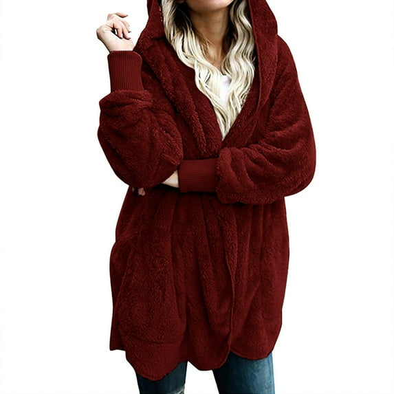 Dezsed Womens Fuzzy Fleece Open Front Hooded Cardigan Jackets Sherpa Outerwear Coats Solid Color Casual Plush Cardigan Long Sleeve Coat with Pockets Wine S