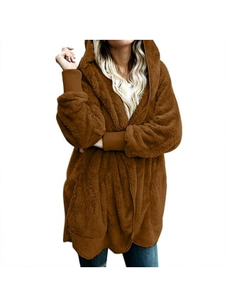 Capreze Winter Sherpa Fuzzy Fleece Long Coat Jacket for Womens Warm Fluffy  Open Front Hooded Cardigan with Pockets 
