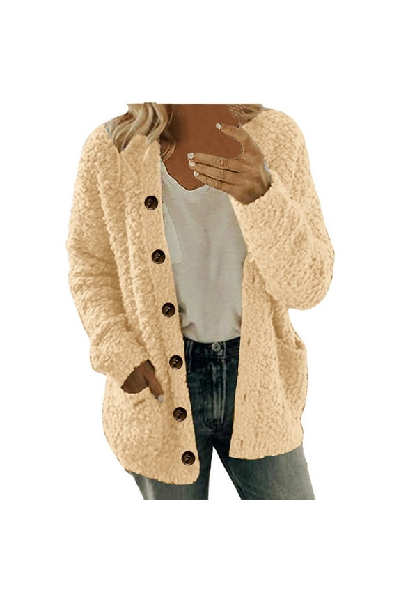 Womens Fuzzy Fleece Sherpa Jacket Solid Color Cardigan Jackets Button Sweatshirt Teddy Coat with Pockets Khaki S