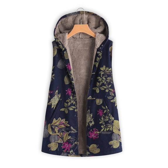Dezsed Womens Fuzzy Fleece Vest Jackets Women Casual Printed Hooded Sleeveless Coat Cardigan Plush Jacket Vest Navy M