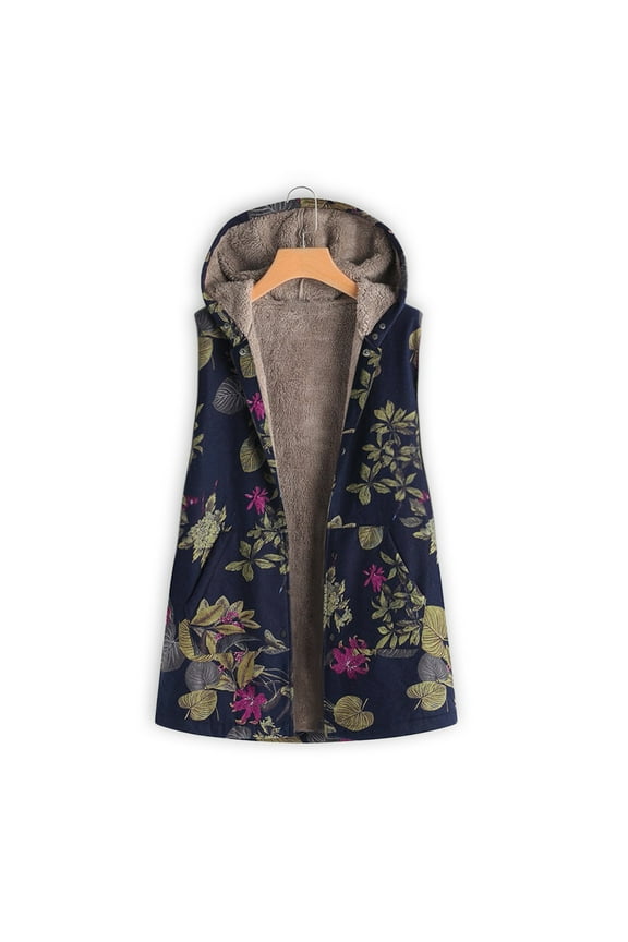 Womens Fuzzy Fleece Vest Jackets Women Casual Printed Hooded Sleeveless Coat Cardigan Plush Jacket Vest Navy XXL