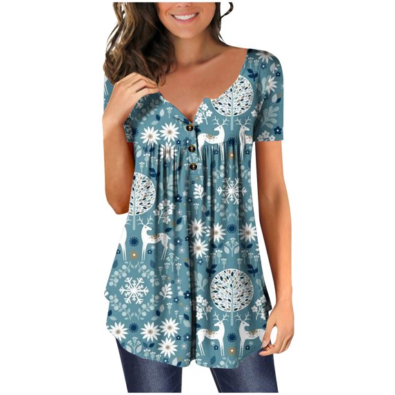 Dezsed Womens Henley Casual Blouse Button T Shirts Clearance Womens Casual Tops V- Neck Hide Belly Short Sleeve T-Shirts Cute Flowy Tunic Blouses Sky Blue L