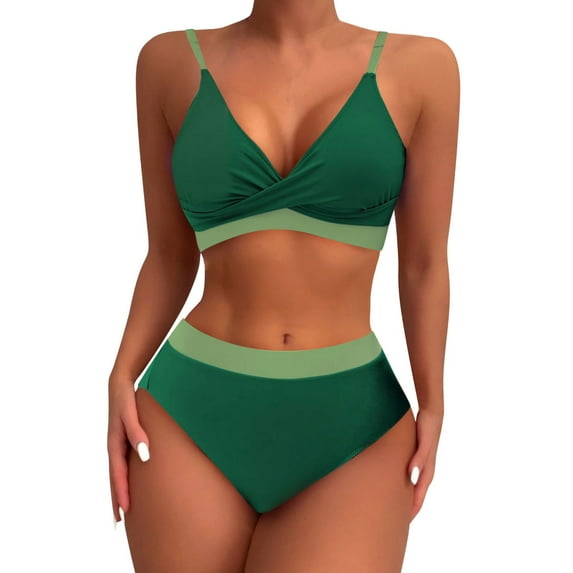 Dezsed Womens High Waisted Bikini Sets Sporty Crop Top Color Block Swimwear Bandeau V Neck Vintage Two Piece Bathing Suits Green M