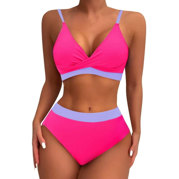 Dezsed Womens High Waisted Bikini Sets Sporty Crop Top Color Block Swimwear Bandeau V Neck Vintage Two Piece Bathing Suits Hot Pink M