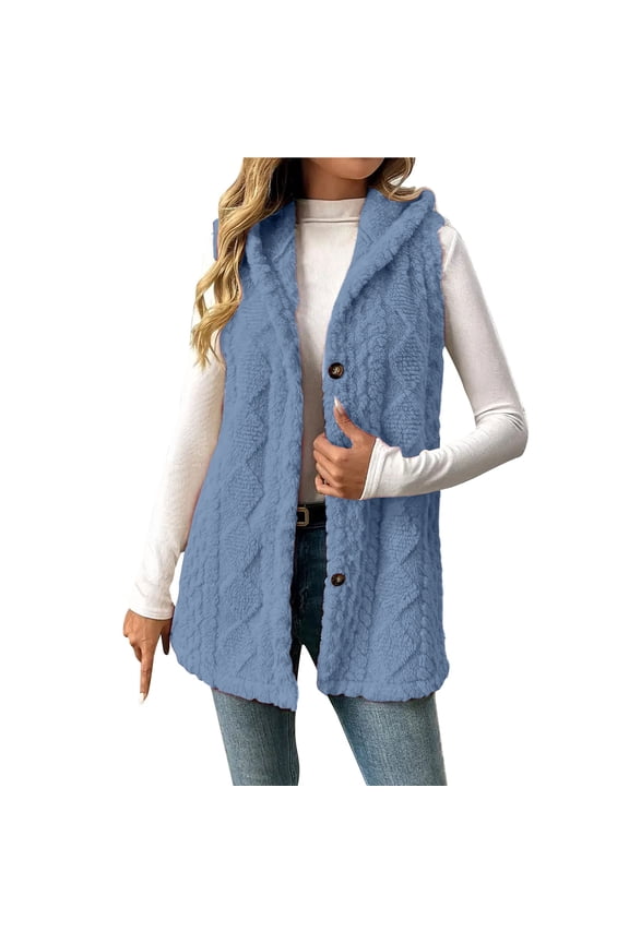 Womens Hooded Sherpa Vest 2025 Winter Fleece Button Up Long Vest Jackets Warm Lightweight Fall Outerwear Blue S