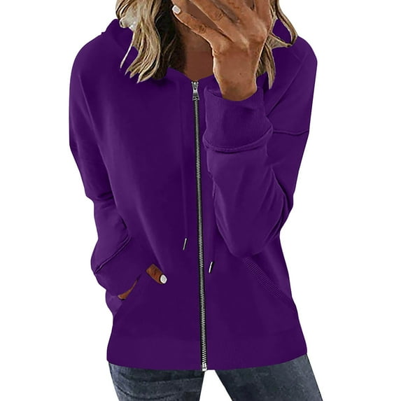 Dezsed Womens Hoodies Zip Up Sweatshirts Fashion Woman Long Sleeve Zipper Open Front Loose Outerwear Printing Blouse Coat Tops Pockets Hooded Blouse Purple M