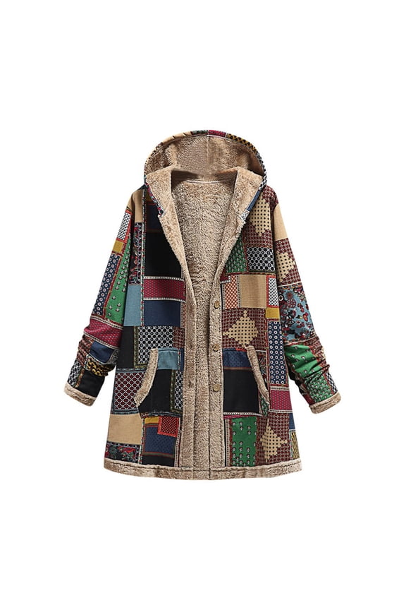 Womens Jackets Coats Women's Cotton And Linen Printing Hoodies for Women Fall Winter Fleece Jacket Casual Hooded Sweatshirts Thick Lined Green M
