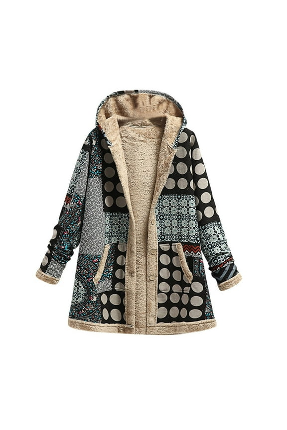 Womens Jackets Coats Women's Cotton And Linen Printing Hoodies for Women Fall Winter Fleece Jacket Casual Hooded Sweatshirts Thick Lined Gray L