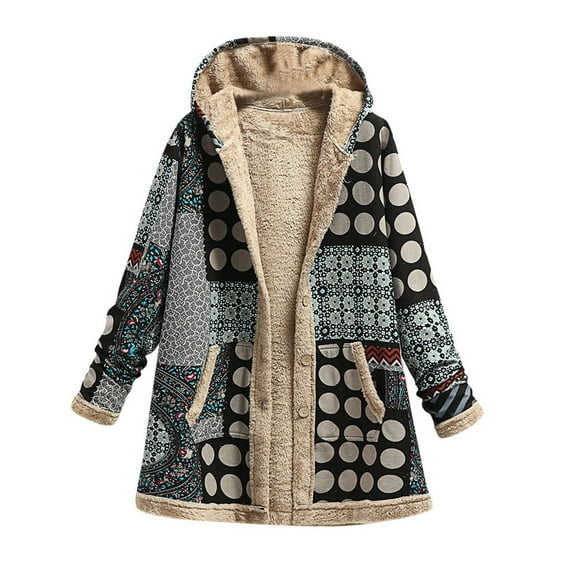 Dezsed Womens Jackets Coats Women's Cotton And Linen Printing Hoodies for Women Fall Winter Fleece Jacket Casual Hooded Sweatshirts Thick Lined Gray L