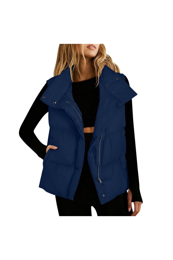 Womens Ladies Winter Vests Sleeveless Fleece Jacket Zip Up Turn Down Collar Warm Coat With Pockets Outerwear Dark Blue L