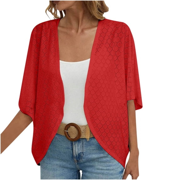 Dezsed Womens Lightweight Cropped Cardigans Sweaters Solid Color 3/4 Sleeve Cardigans Jacket Open Front Sweaters Red XXL