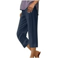 thumbnail image 1 of Dezsed Womens Linen Cropped Pants Loose Casual Capri Cotton Straight Leg Elastic Waist Summer Pants with Drawstring Trouses Navy XL, 1 of 6