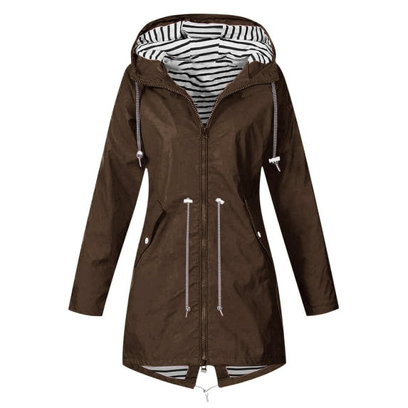 Dezsed Womens Long Hooded Jacket Clearance Women Solid Color Rain Jacket Outdoor Hooded Windproof Loose With Pocket Coat Brown XXL