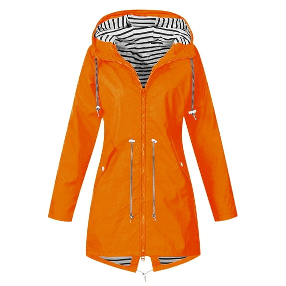 Dezsed Womens Long Hooded Jacket Clearance Women Solid Color Rain Jacket Outdoor Hooded Windproof Loose With Pocket Coat Orange XXXL