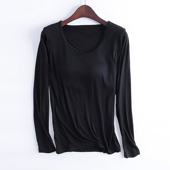 Dezsed Womens Long Sleeve Stretch Crewneck Casual Tops Tee Solid Color Slim Basic Shirts Built in Bra Tops for Women Black L