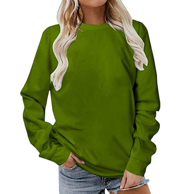 Dezsed Womens Long Sleeve Tops Crewneck Sweatshirts Casual Solid Color Tunic Tops Pullover Fall Savings Clearance! Green C S