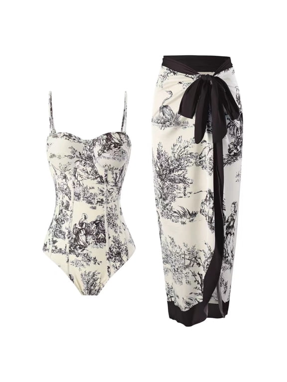 Womens One Piece Swimsuit with Cover Up Sarong Wrap Floral Bathing Suits with Beach Skirt Two Piece Swimsuit for Women Black L