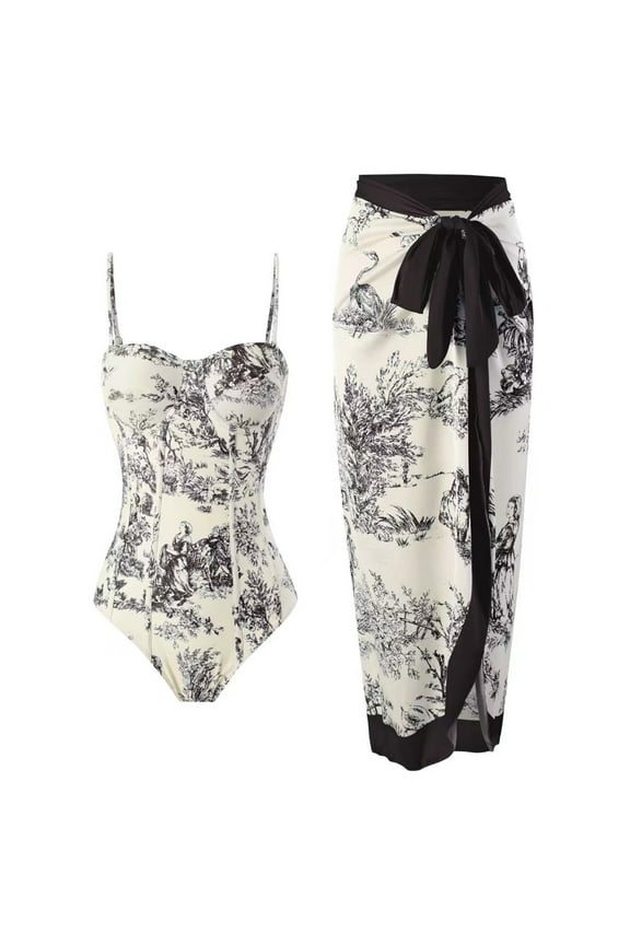 Womens One Piece Swimsuit with Cover Up Sarong Wrap Floral Bathing Suits with Beach Skirt Two Piece Swimsuit for Women Black S